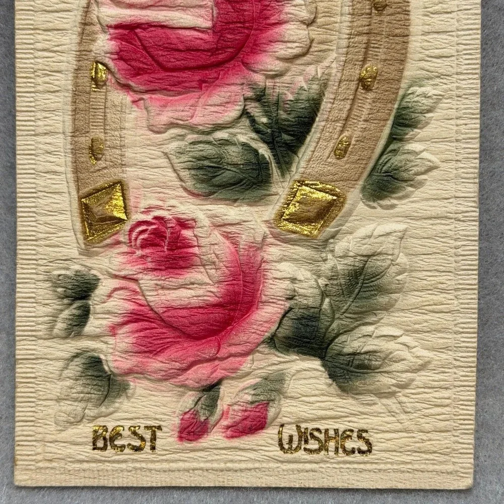 Best Wishes Embossed Lucky Horseshoe Pink Roses Gold Highlights‎ 1911 POSTCARD